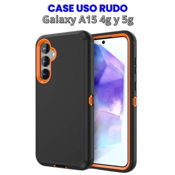 CASE USO RUDO GALAXY A15 4G Y 5G Case Uso Rudo Negro con Naranja de 3 piezas para Samsung Galaxy A15 4g y 5g