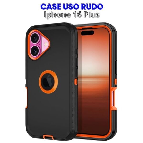 CASE USO RUDO IPHONE 16 PLUS (2) Case Uso Rudo Negro con Naranja Iphone 16 Plus