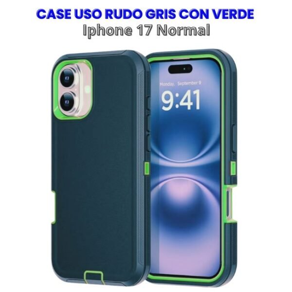 CASE USO RUDO GRIS CON VERDE IPHONE 17 NORMAL Case Uso Rudo Gris con Verde Iphone 17 Normal