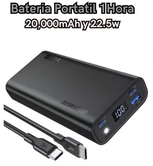 Bateria Portatil 20,000mAh 1hora GAR158 Carga Rapida 22.5W color negro