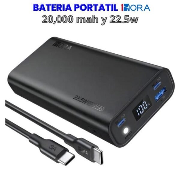 Bateria Portatil 20,000mAh 1hora GAR158 Carga Rapida 22.5W color negro
