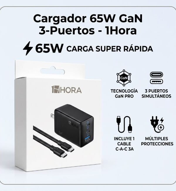 Cargador 65w de 3 Puertos de Carga Super Rápida 1HORA