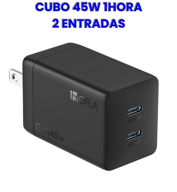 15 Cubo Tipo "C" 45w 1Hora Carga Rapida Negro 2 Puertos